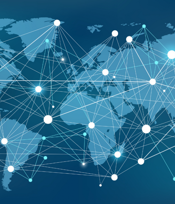 A blue world map with white links between countries
