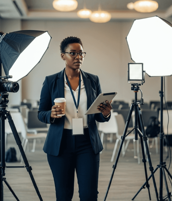 Event marketer preparing for a video shoot