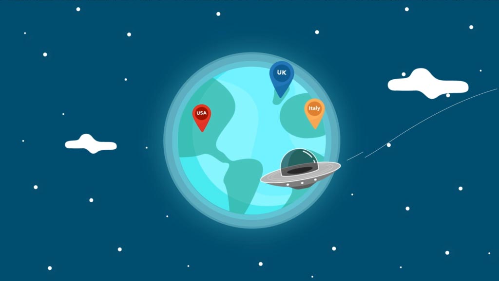 An animated image of a space ship flying past earth