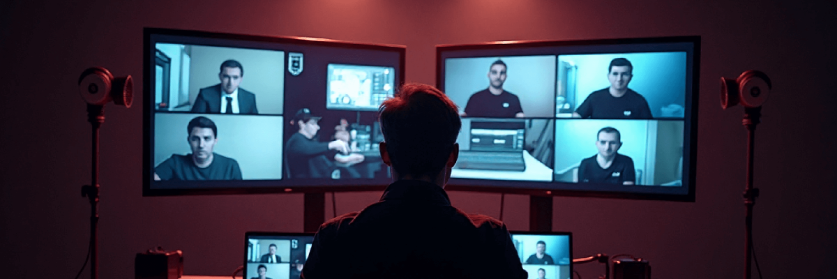 AI Generated image of a man sat a desk, monitoring multiple streams of camera inputs.